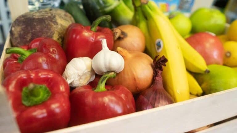 Fruit and vegetables in a wooden crate